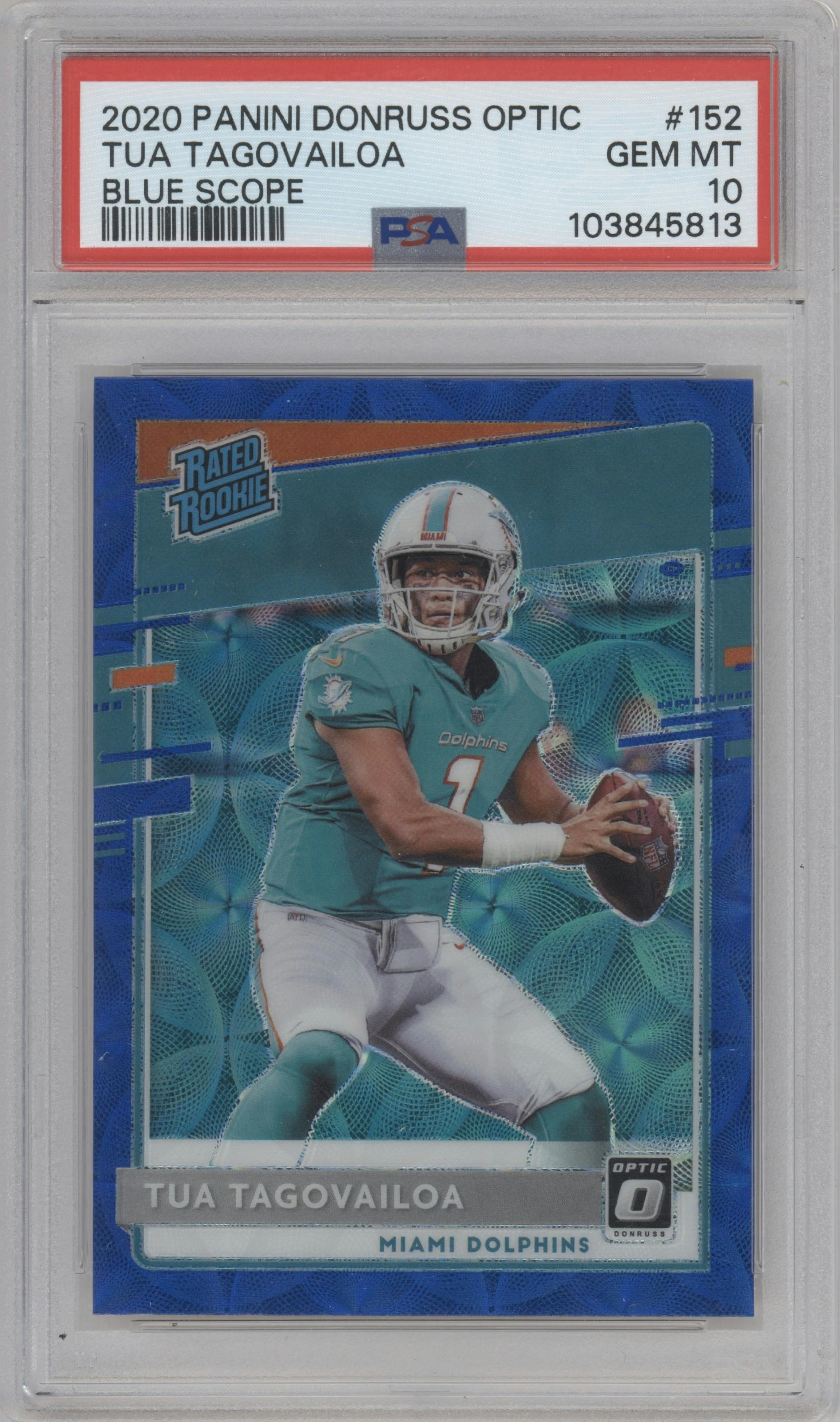Tua Tagovailoa from the 2020 Panini Donruss Optic set featuring a Blue Scope parallel graded by PSA and given an overall grade of 10.
