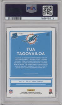 Tua Tagovailoa from the 2020 Panini Donruss Optic set featuring a Blue Scope parallel graded by PSA and given an overall grade of 10.