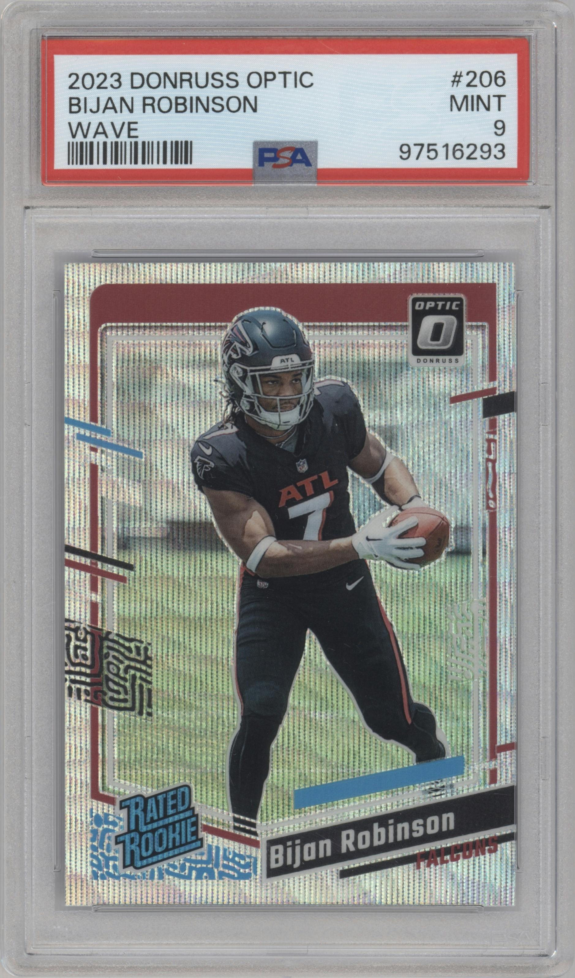 Bijan Robinson from the 2023 Donruss Optic set featuring a Wave parallel graded by PSA and given an overall grade of 9.