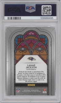 Lamar Jackson from the 2018 Panini Prizm set graded by PSA and given an overall grade of 10.