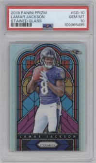 Lamar Jackson from the 2018 Panini Prizm set graded by PSA and given an overall grade of 10.