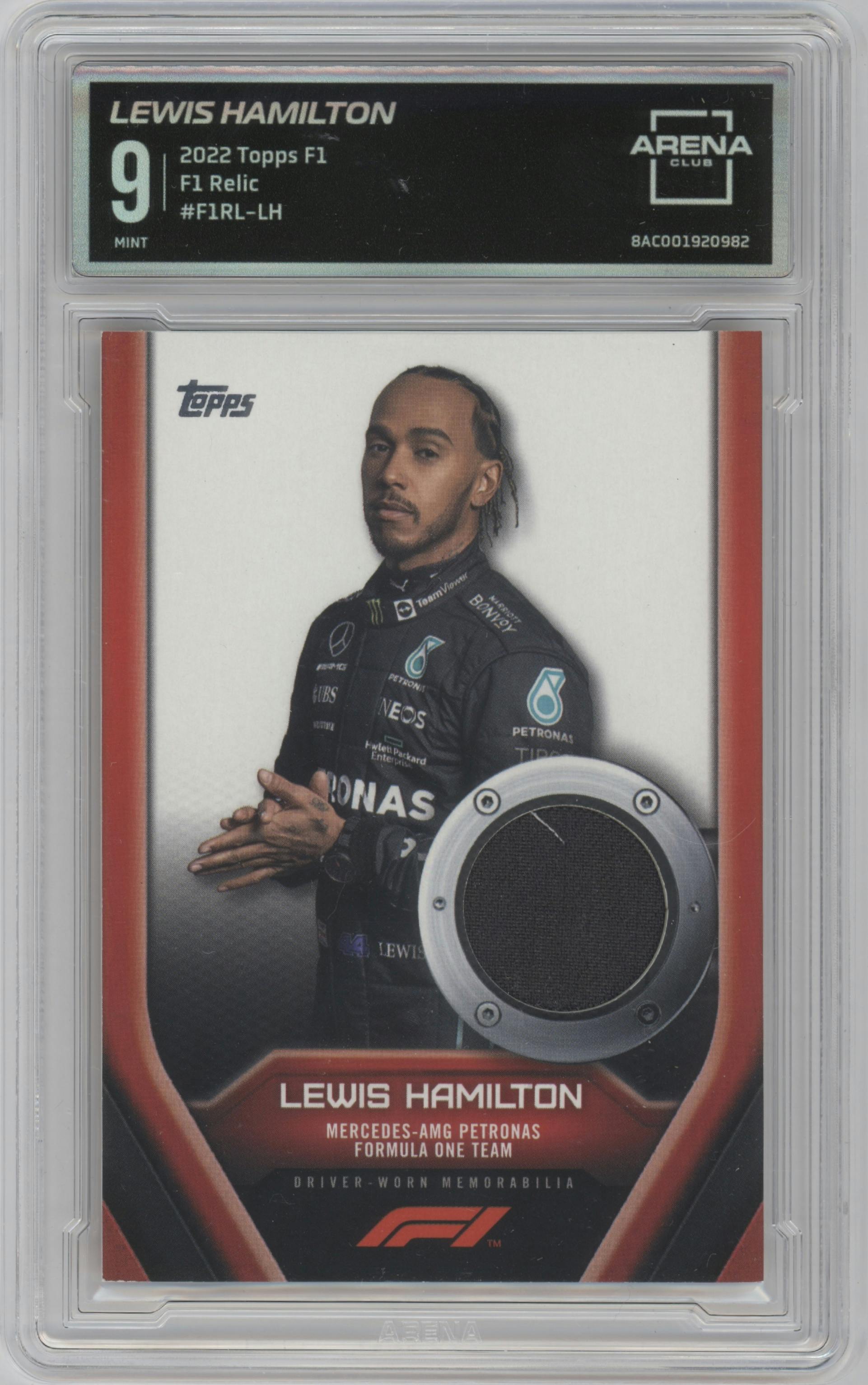 Lewis Hamilton from the 2022 Topps F1 set graded by Arena Club and given an overall grade of 9.