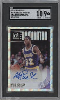 Magic Johnson from the 2018-19 Panini Donruss  set featuring a Gold parallel graded by SGC and given an overall grade of 9.