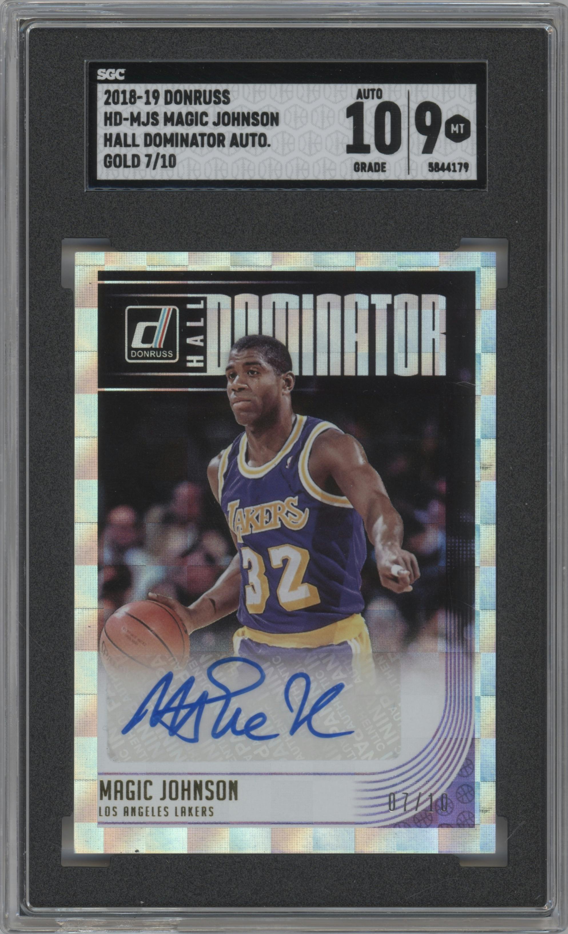 Magic Johnson from the 2018-19 Panini Donruss  set featuring a Gold parallel graded by SGC and given an overall grade of 9.
