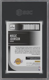 Magic Johnson from the 2018-19 Panini Donruss  set featuring a Gold parallel graded by SGC and given an overall grade of 9.