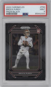 Brock Purdy from the 2022 Panini Chronicles set graded by PSA and given an overall grade of 9.