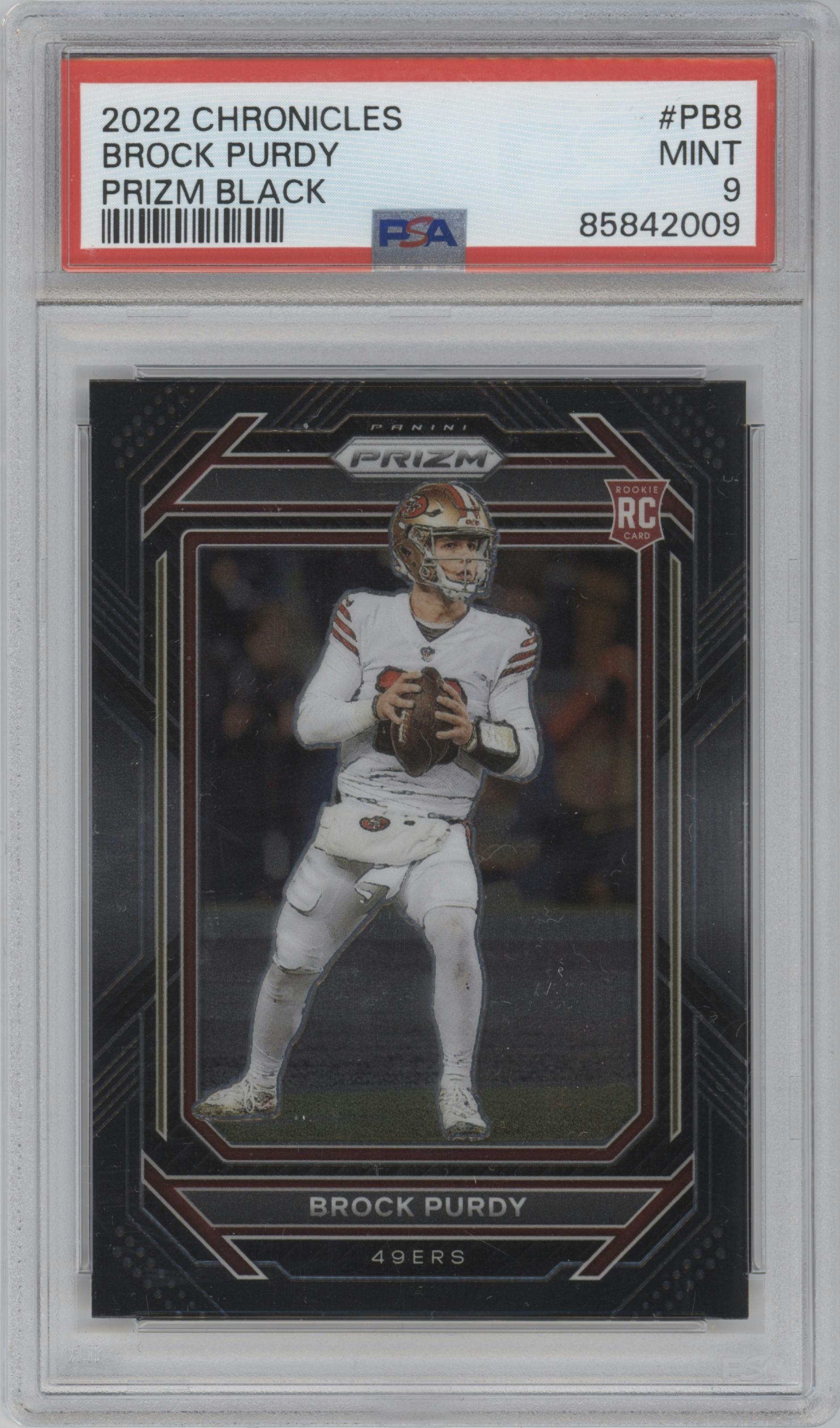 Brock Purdy from the 2022 Panini Chronicles set graded by PSA and given an overall grade of 9.