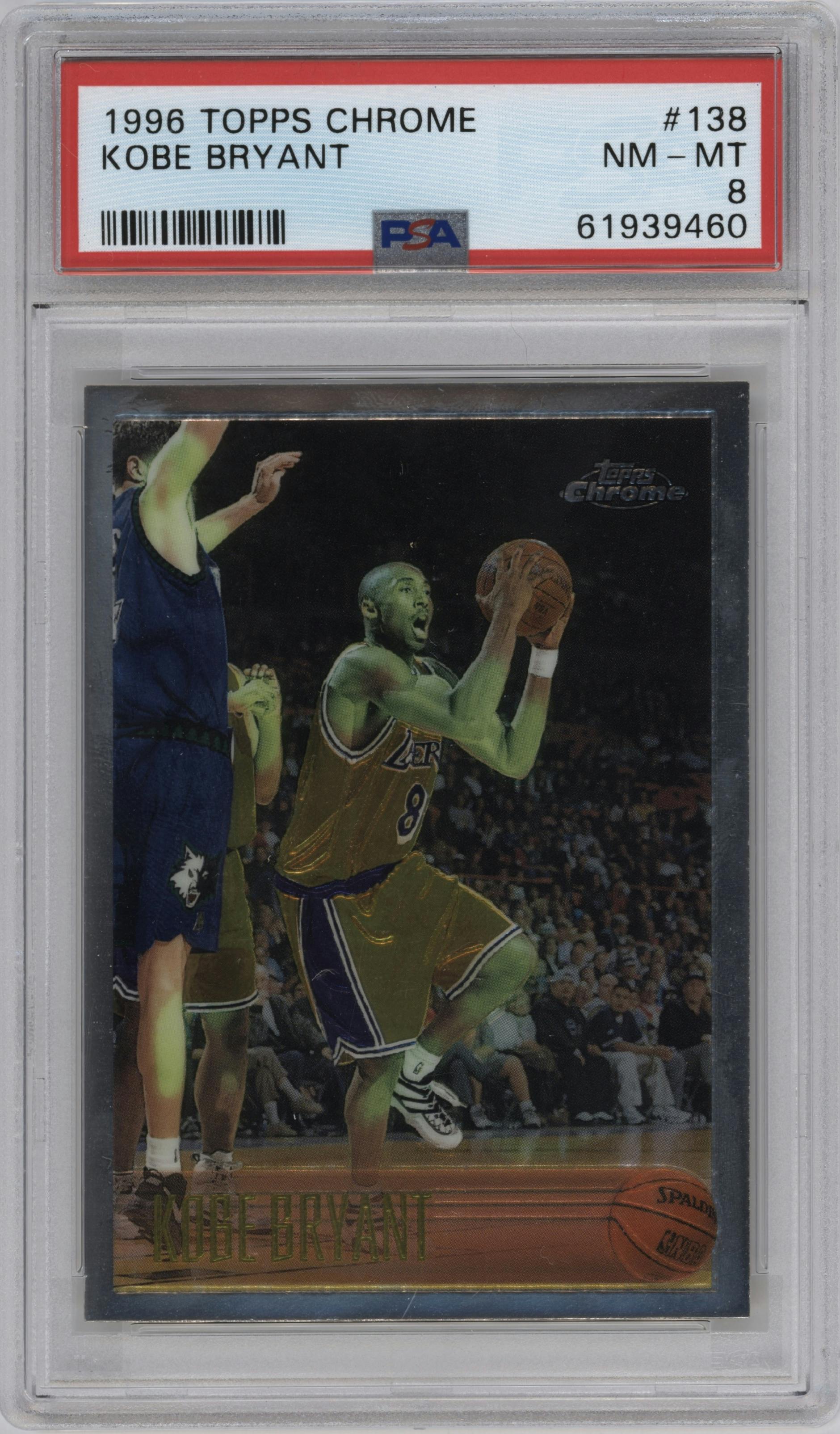 Kobe Bryant from the 1996-97 Topps Chrome set graded by PSA and given an overall grade of 8.