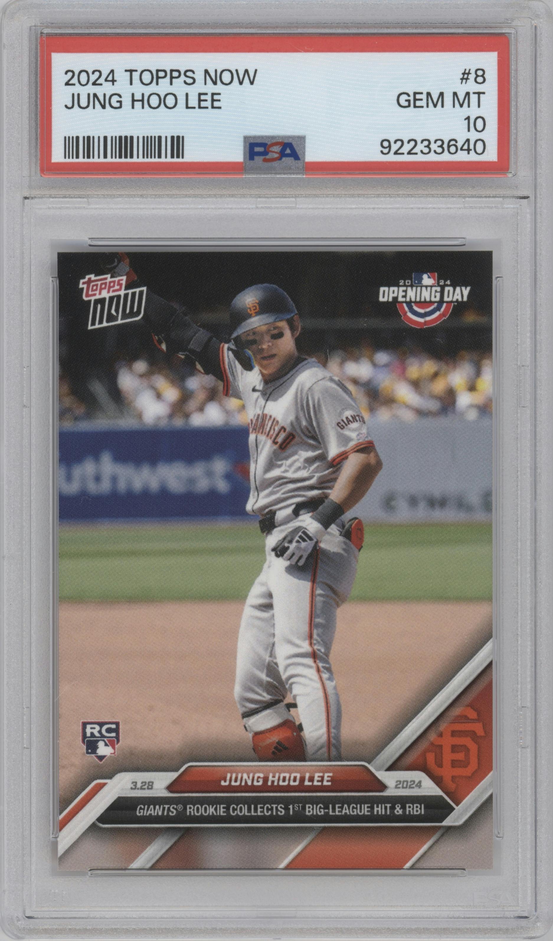 Jung Hoo Lee from the 2024 Topps Now set graded by PSA and given an overall grade of 10.