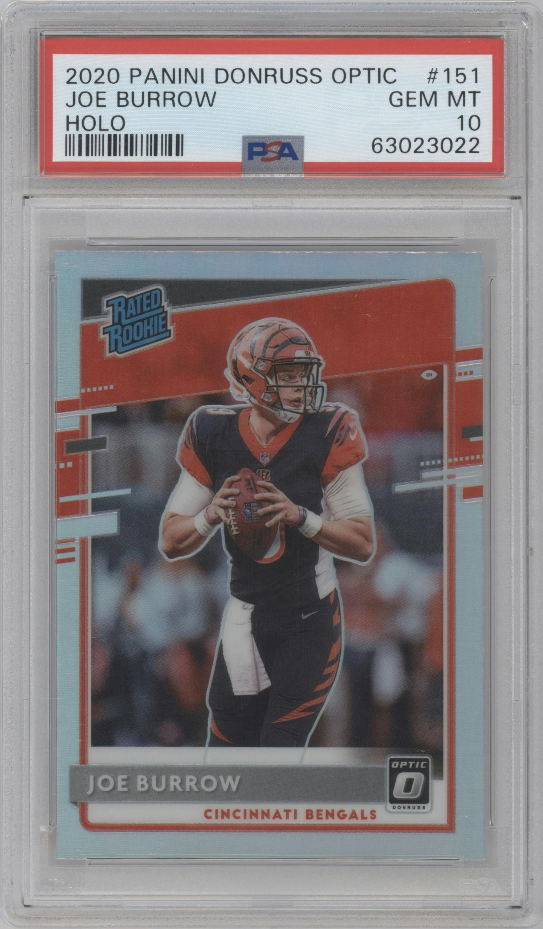 Joe Burrow from the 2020 Panini Donruss Optic set featuring a Holo parallel graded by PSA and given an overall grade of 10.