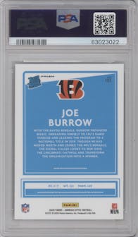 Joe Burrow from the 2020 Panini Donruss Optic set featuring a Holo parallel graded by PSA and given an overall grade of 10.