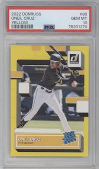 Oneil Cruz from the 2022 Panini Donruss set featuring a Yellow parallel graded by PSA and given an overall grade of 10.