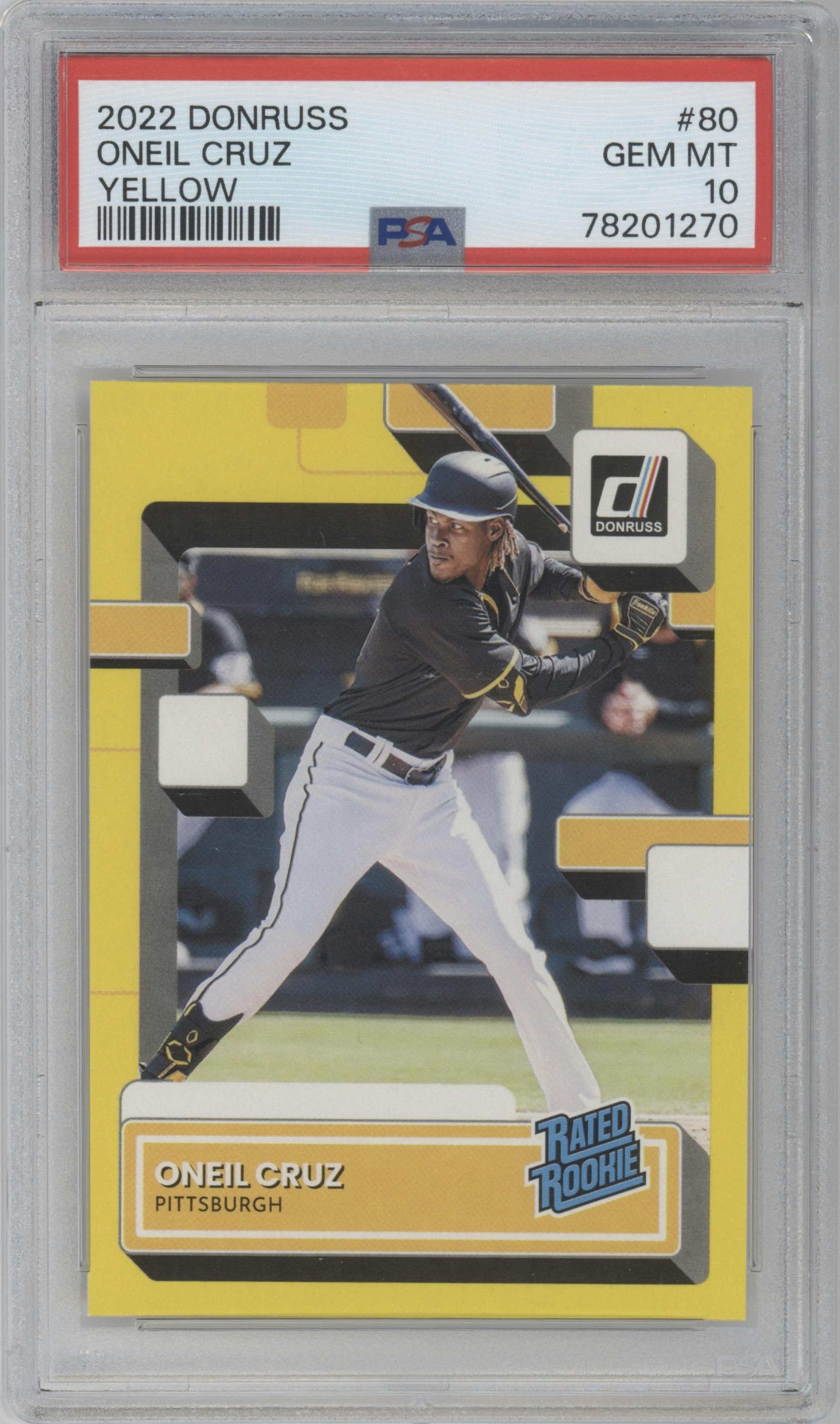 Oneil Cruz from the 2022 Panini Donruss set featuring a Yellow parallel graded by PSA and given an overall grade of 10.