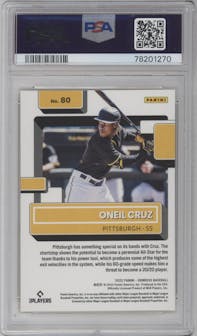 Oneil Cruz from the 2022 Panini Donruss set featuring a Yellow parallel graded by PSA and given an overall grade of 10.