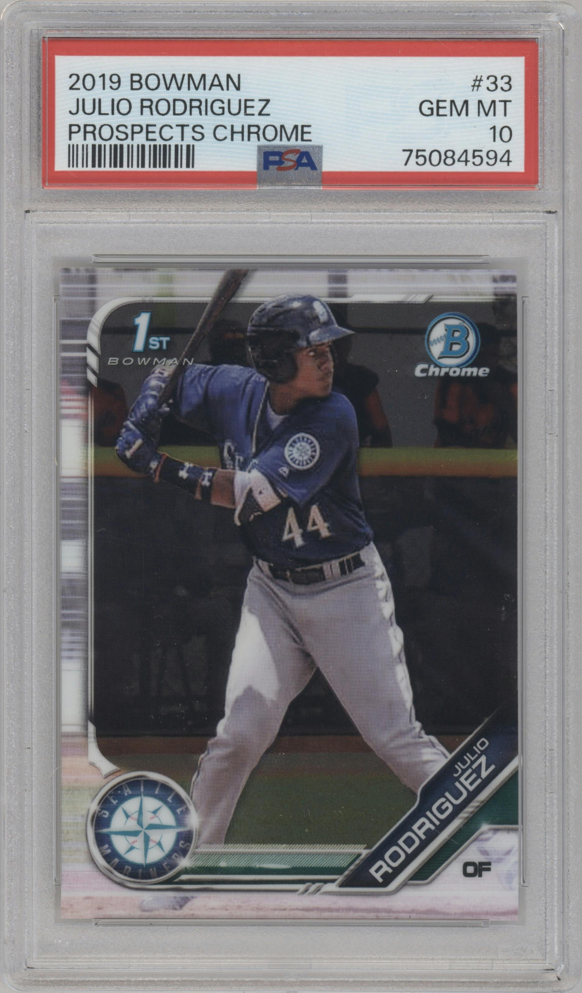 Julio Rodriguez from the 2019 Bowman  set graded by PSA and given an overall grade of 10.