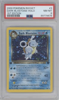 Dark Blastoise from the 2000 Pokemon set graded by PSA and given an overall grade of 8.