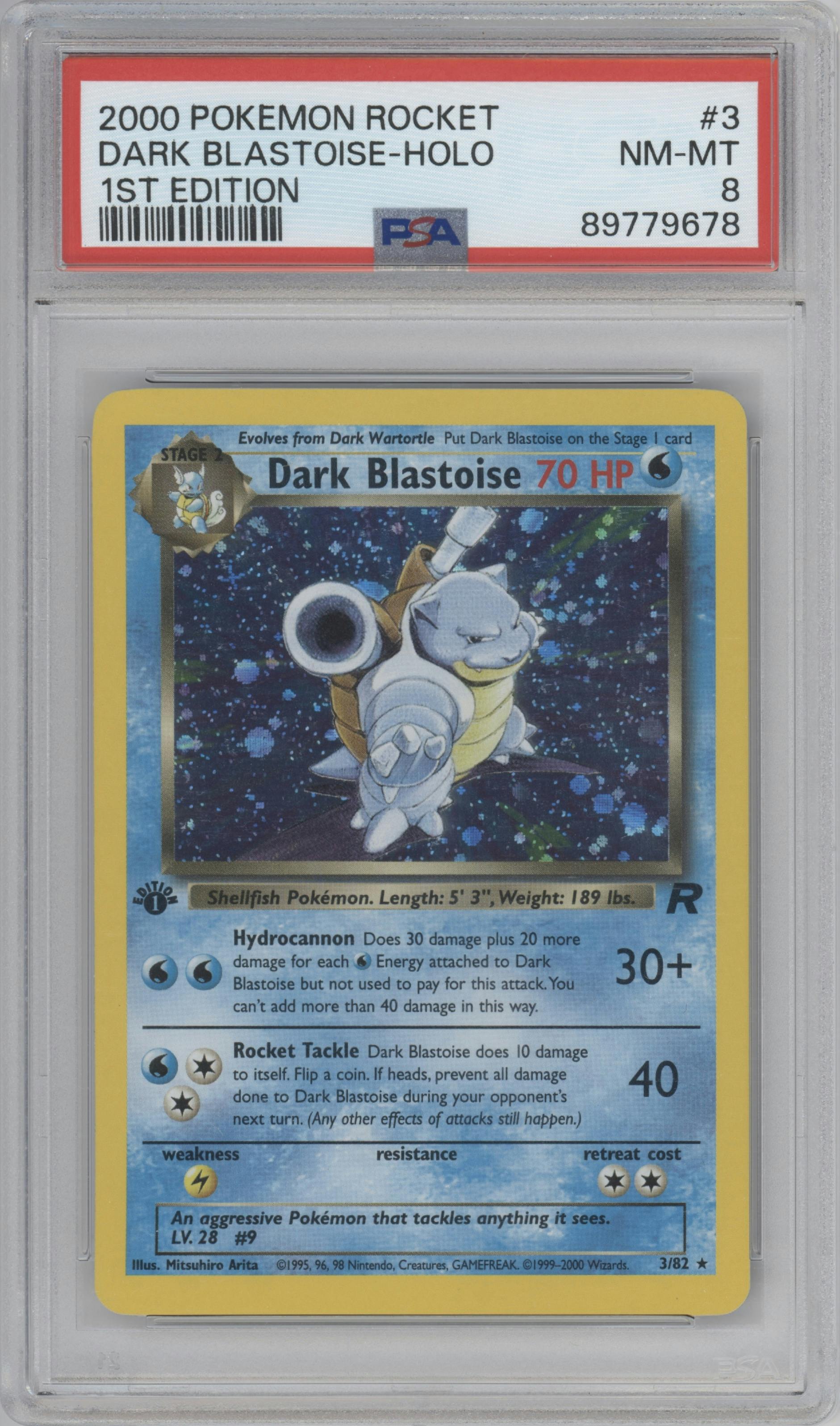 Dark Blastoise from the 2000 Pokemon set graded by PSA and given an overall grade of 8.