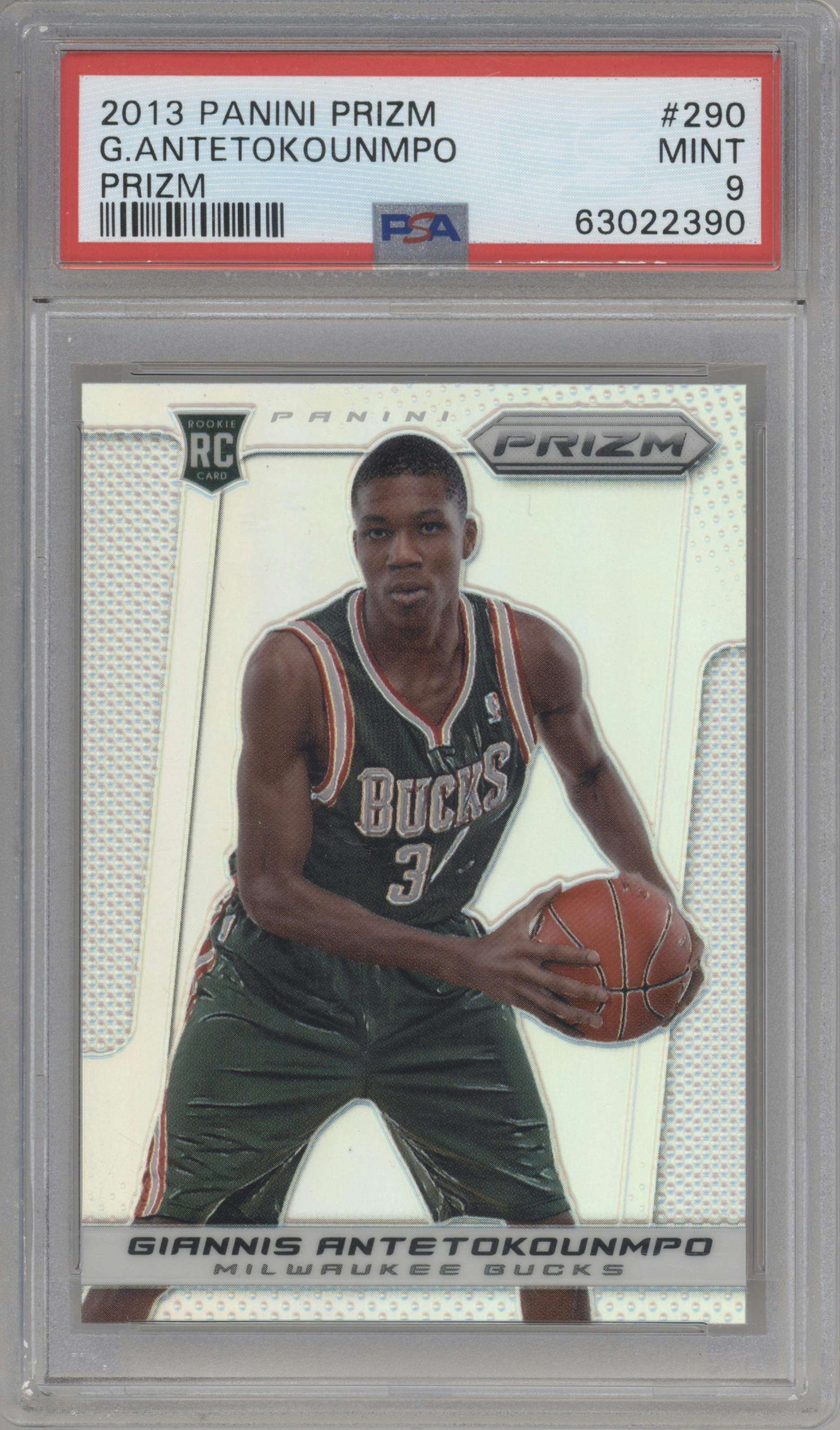 Giannis Antetokounmpo from the 2013-14 Panini Prizm set featuring a Prizm  parallel graded by PSA and given an overall grade of 9.