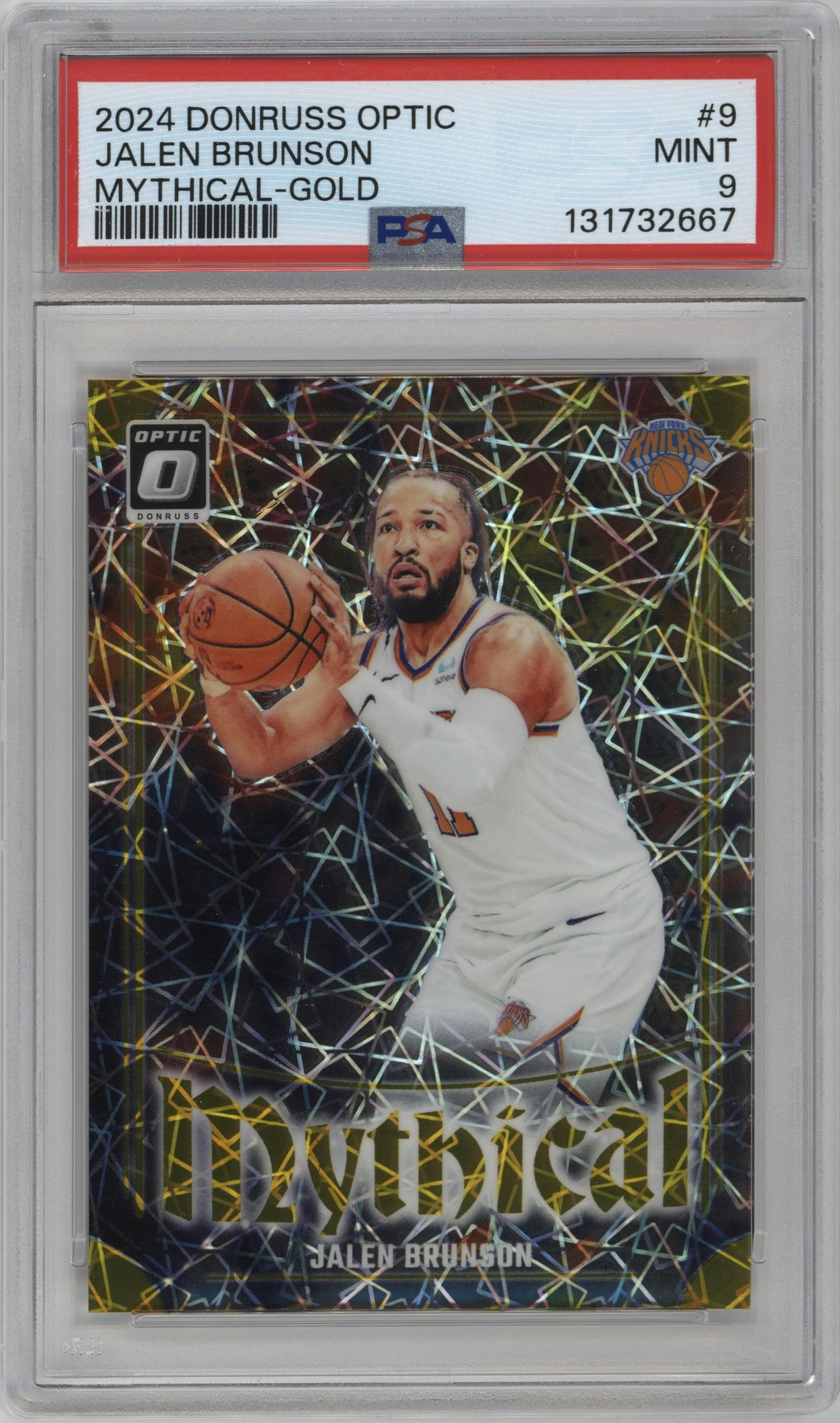 Jalen Brunson from the 2024-25 Donruss Optic set featuring a Gold parallel graded by PSA and given an overall grade of 9.