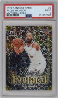 Jalen Brunson from the 2024-25 Donruss Optic set featuring a Gold parallel graded by PSA and given an overall grade of 9.