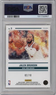 Jalen Brunson from the 2024-25 Donruss Optic set featuring a Gold parallel graded by PSA and given an overall grade of 9.