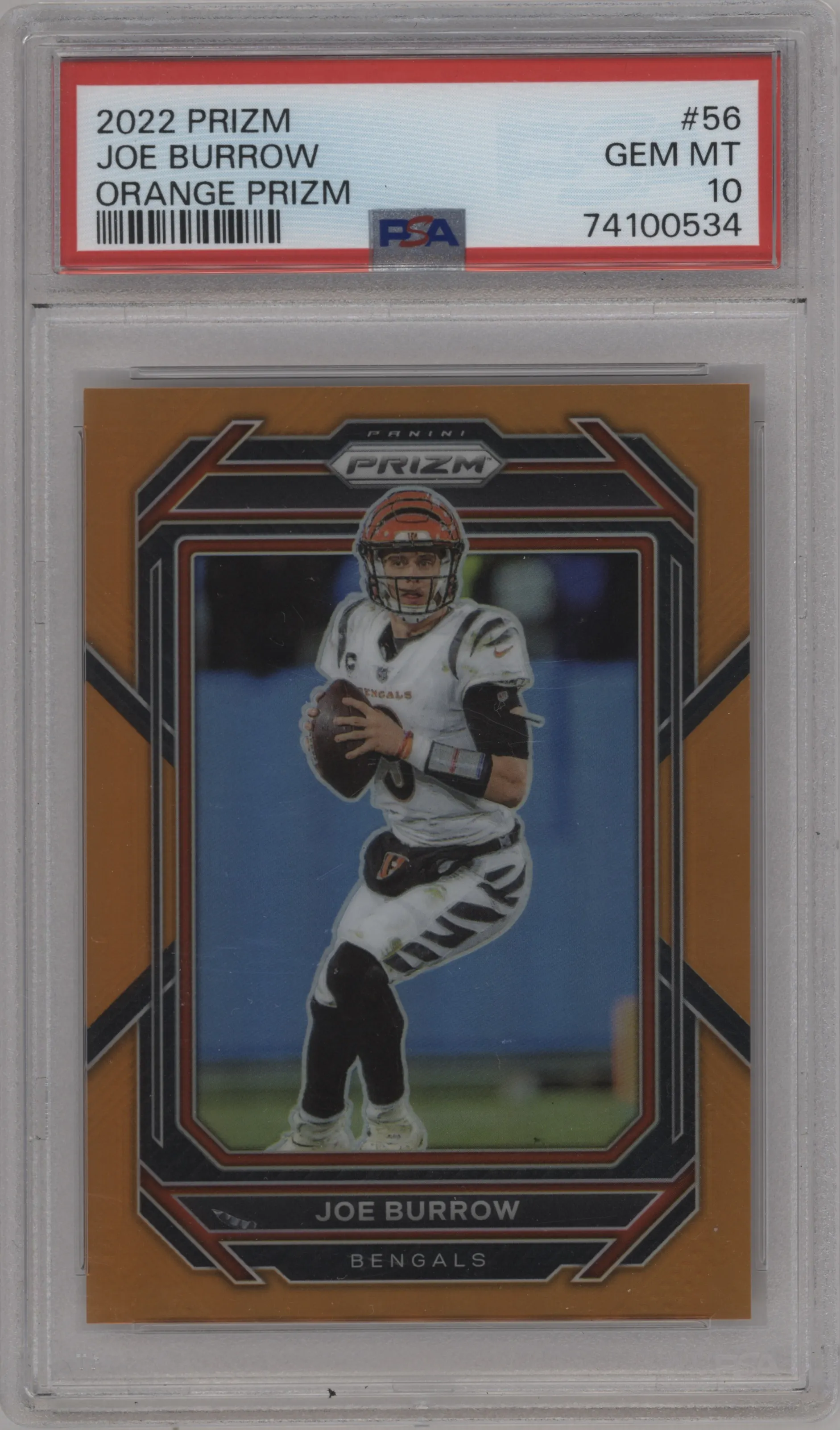 Joe Burrow from the 2022 Panini Prizm set featuring a Orange Prizm parallel graded by PSA and given an overall grade of 10.