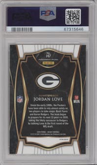Jordan Love from the 2020 Panini Select set featuring a Silver Prizm parallel graded by PSA and given an overall grade of 10.