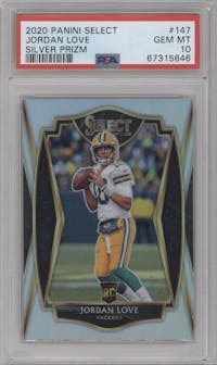 Jordan Love from the 2020 Panini Select set featuring a Silver Prizm parallel graded by PSA and given an overall grade of 10.