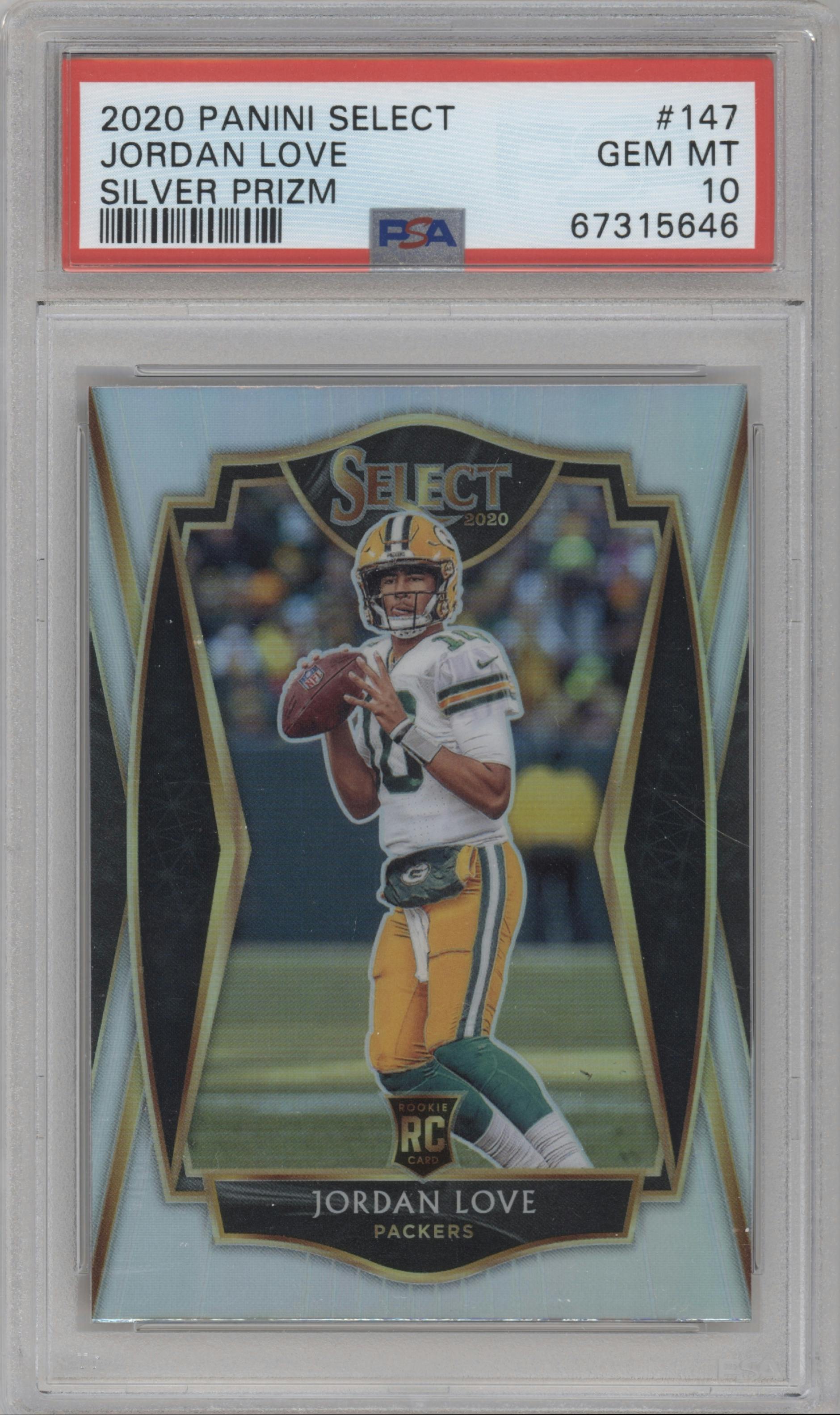 Jordan Love from the 2020 Panini Select set featuring a Silver Prizm parallel graded by PSA and given an overall grade of 10.