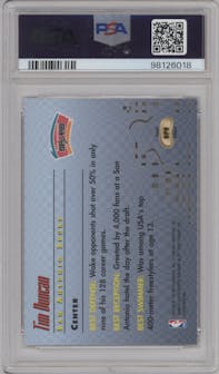 Tim Duncan from the 1997-98 Bowman's Best set featuring a Atomic Refractor parallel graded by PSA and given an overall grade of 9.