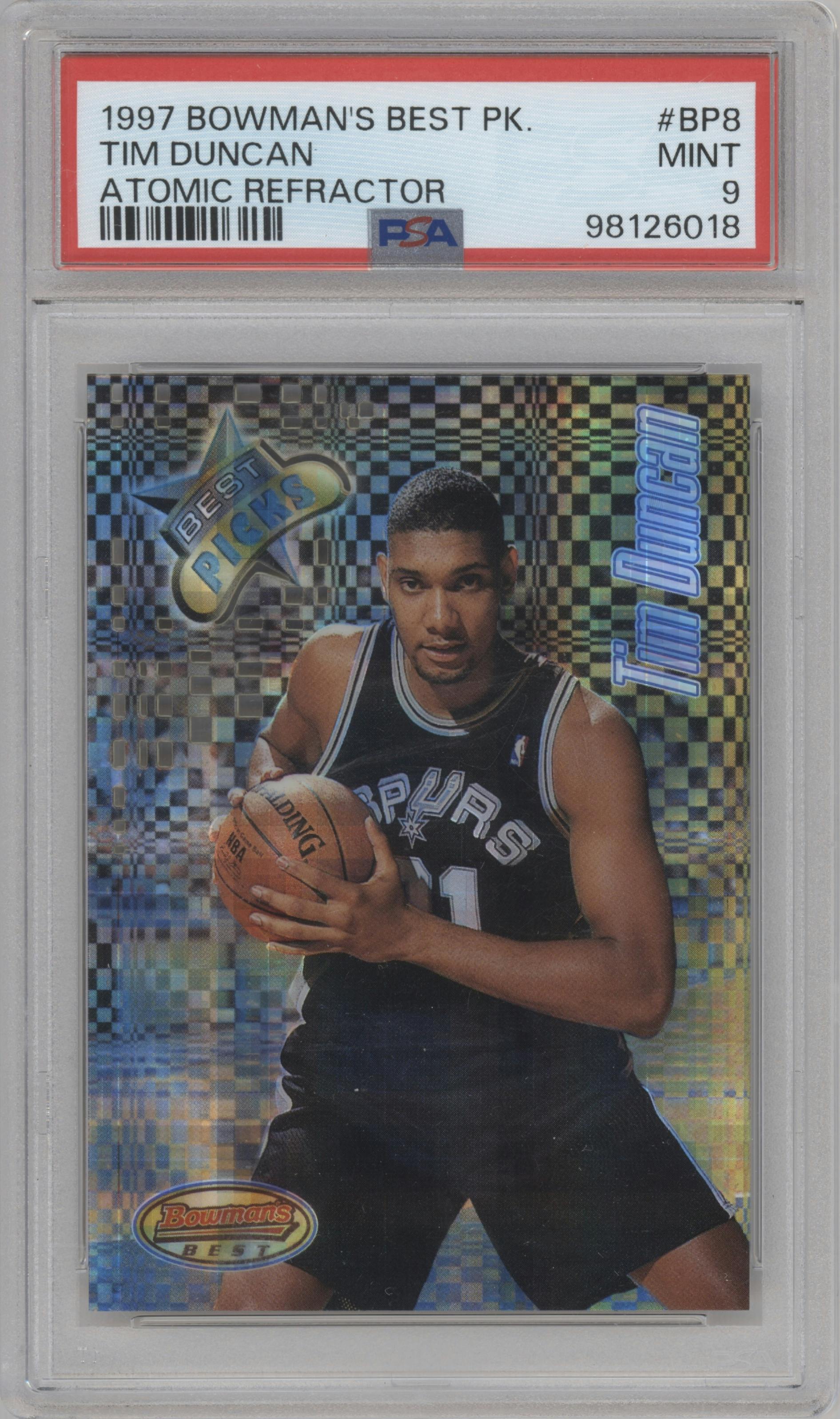 Tim Duncan from the 1997-98 Bowman's Best set featuring a Atomic Refractor parallel graded by PSA and given an overall grade of 9.