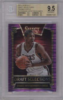 Giannis Antetokounmpo from the 2013-14 Panini Select set featuring a Purple Prizms parallel graded by Beckett and given an overall grade of 9.5.