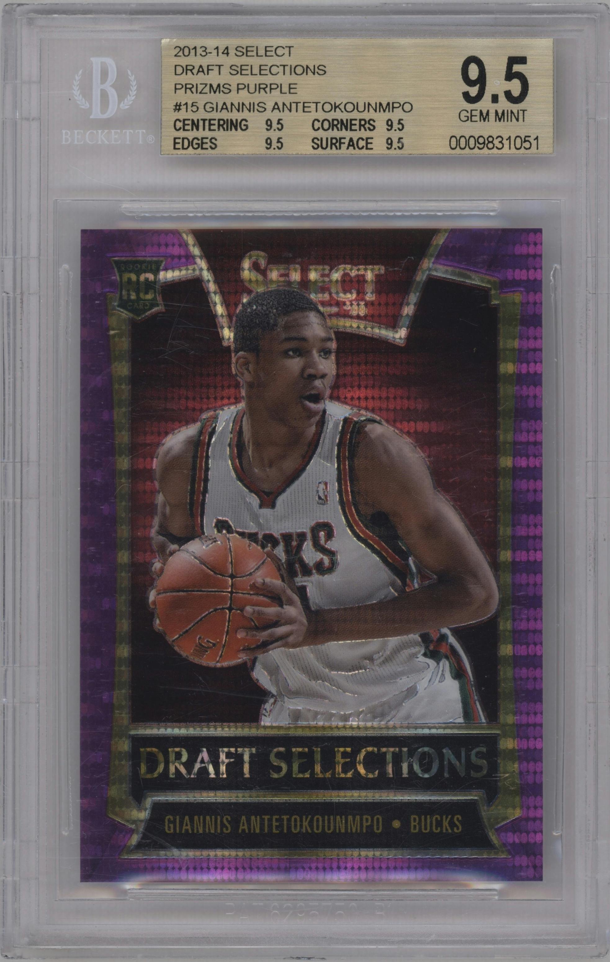Giannis Antetokounmpo from the 2013-14 Panini Select set featuring a Purple Prizms parallel graded by Beckett and given an overall grade of 9.5.