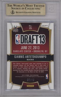 Giannis Antetokounmpo from the 2013-14 Panini Select set featuring a Purple Prizms parallel graded by Beckett and given an overall grade of 9.5.
