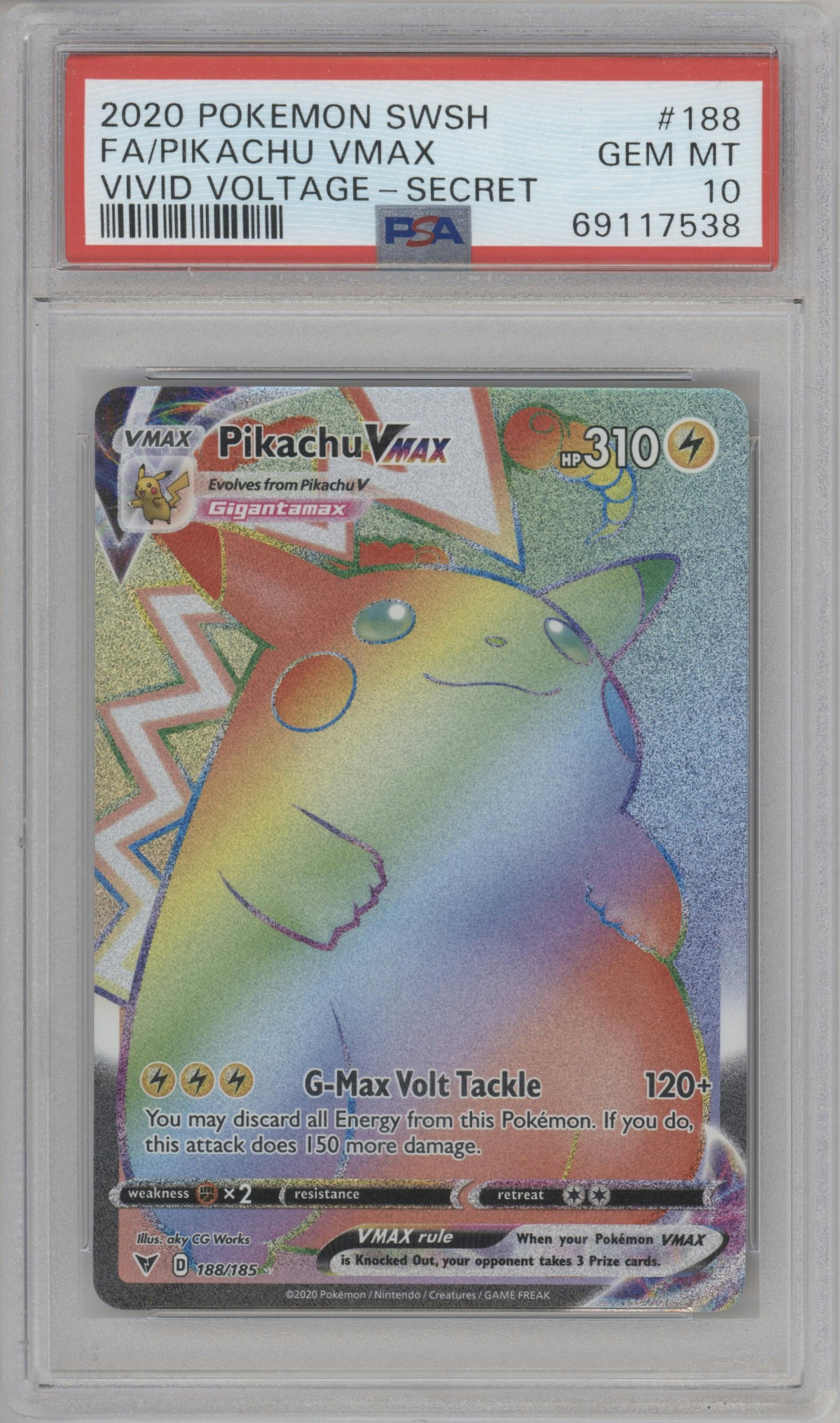 Pikachu VMAX from the 2020 Pokemon SWSH set graded by PSA and given an overall grade of 10.