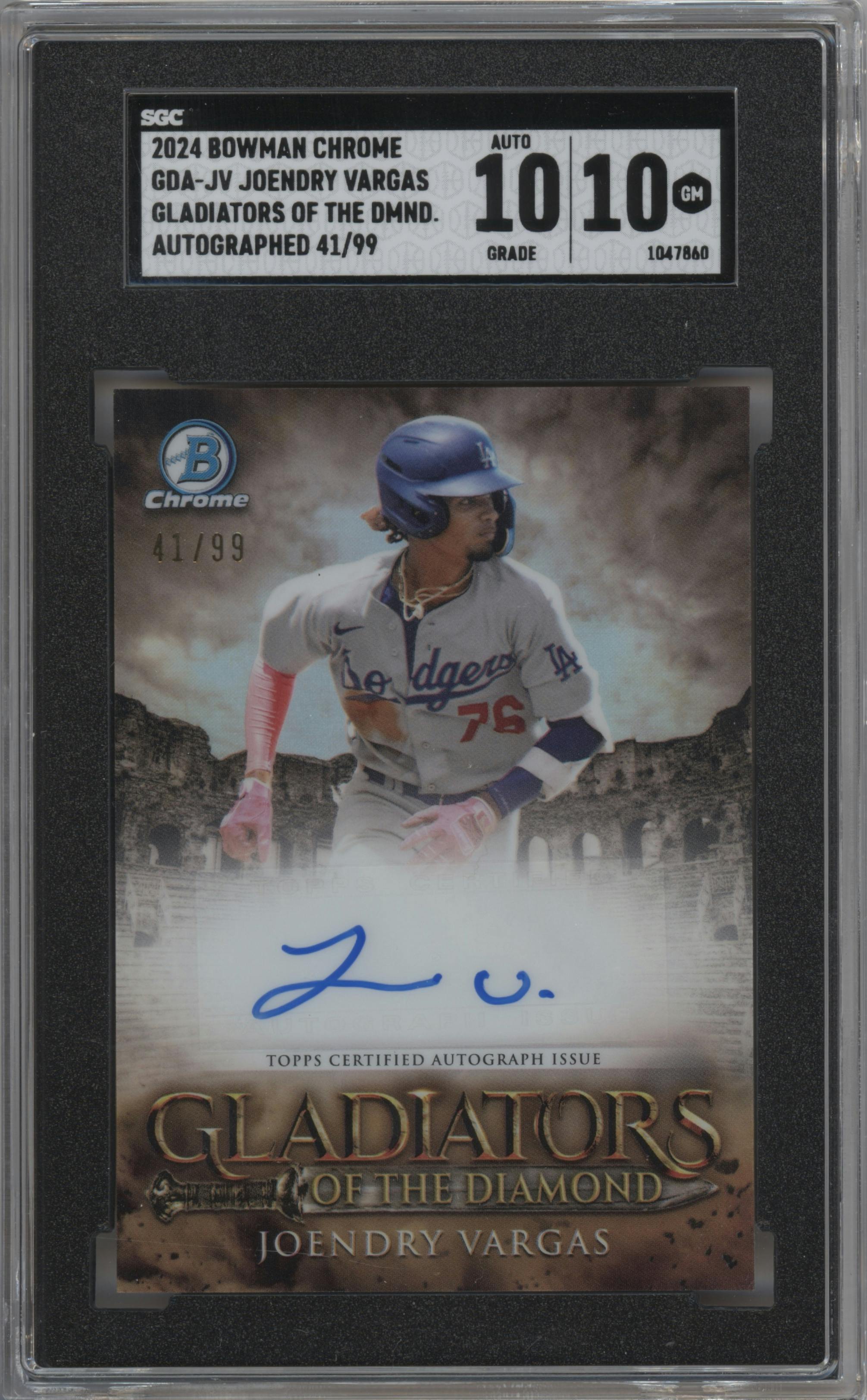 Joendry Vargas from the 2024 Bowman Chrome set graded by SGC and given an overall grade of 10.
