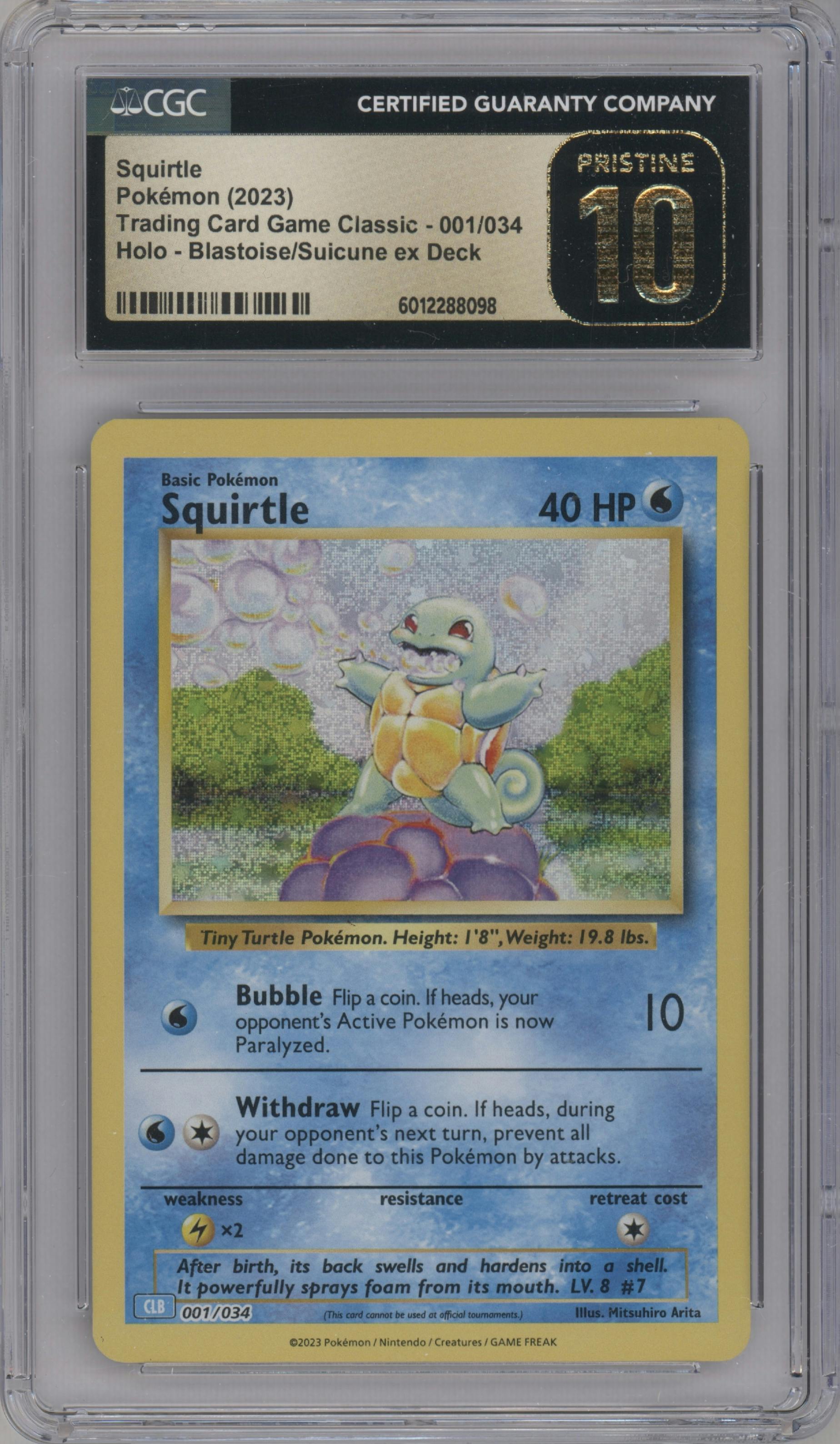 Squirtle from the 2023 Pokemon CLB set graded by CSG and given an overall grade of 10.