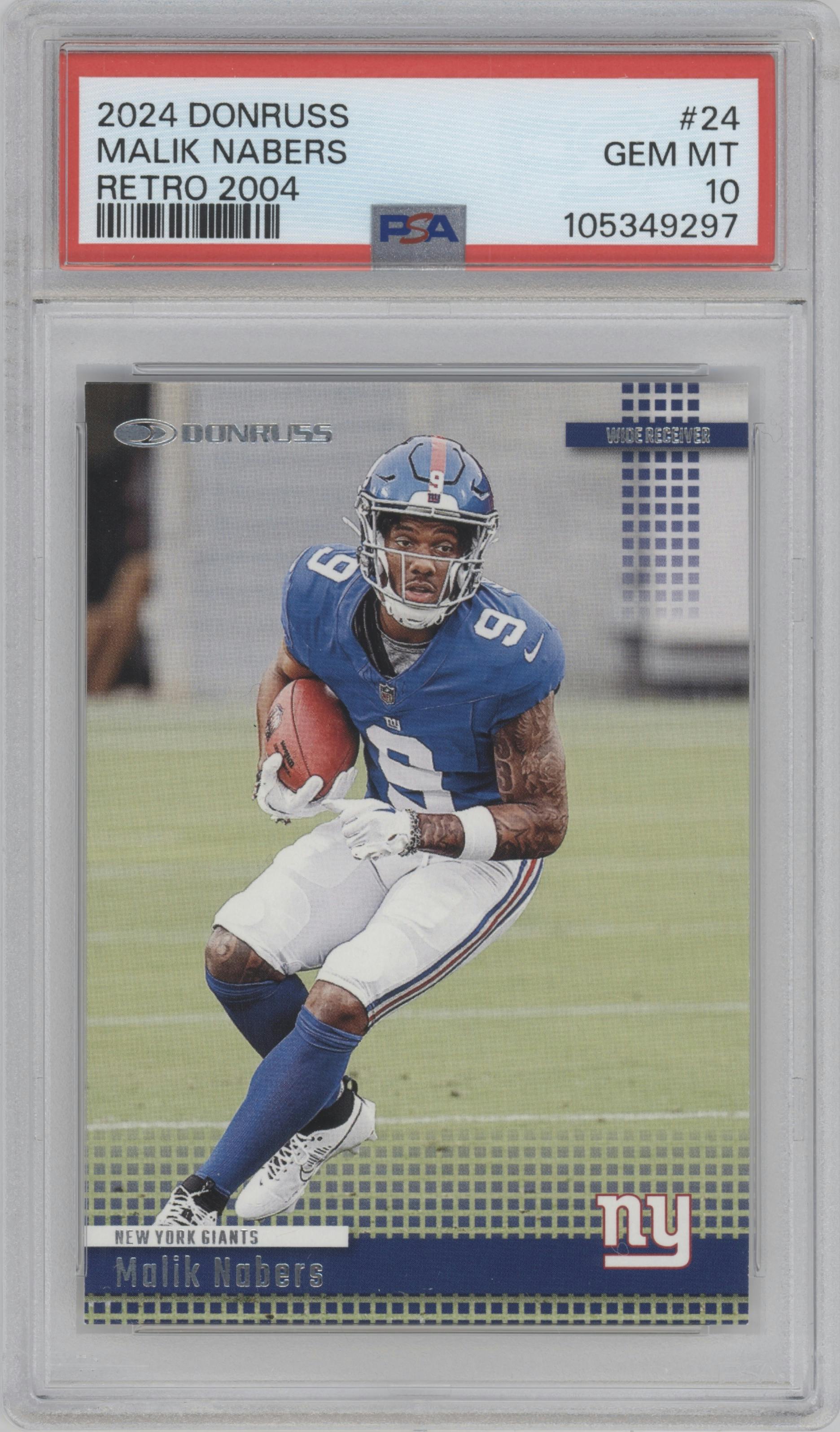 Malik Nabers	 from the 2024 Donruss set graded by PSA and given an overall grade of 10.