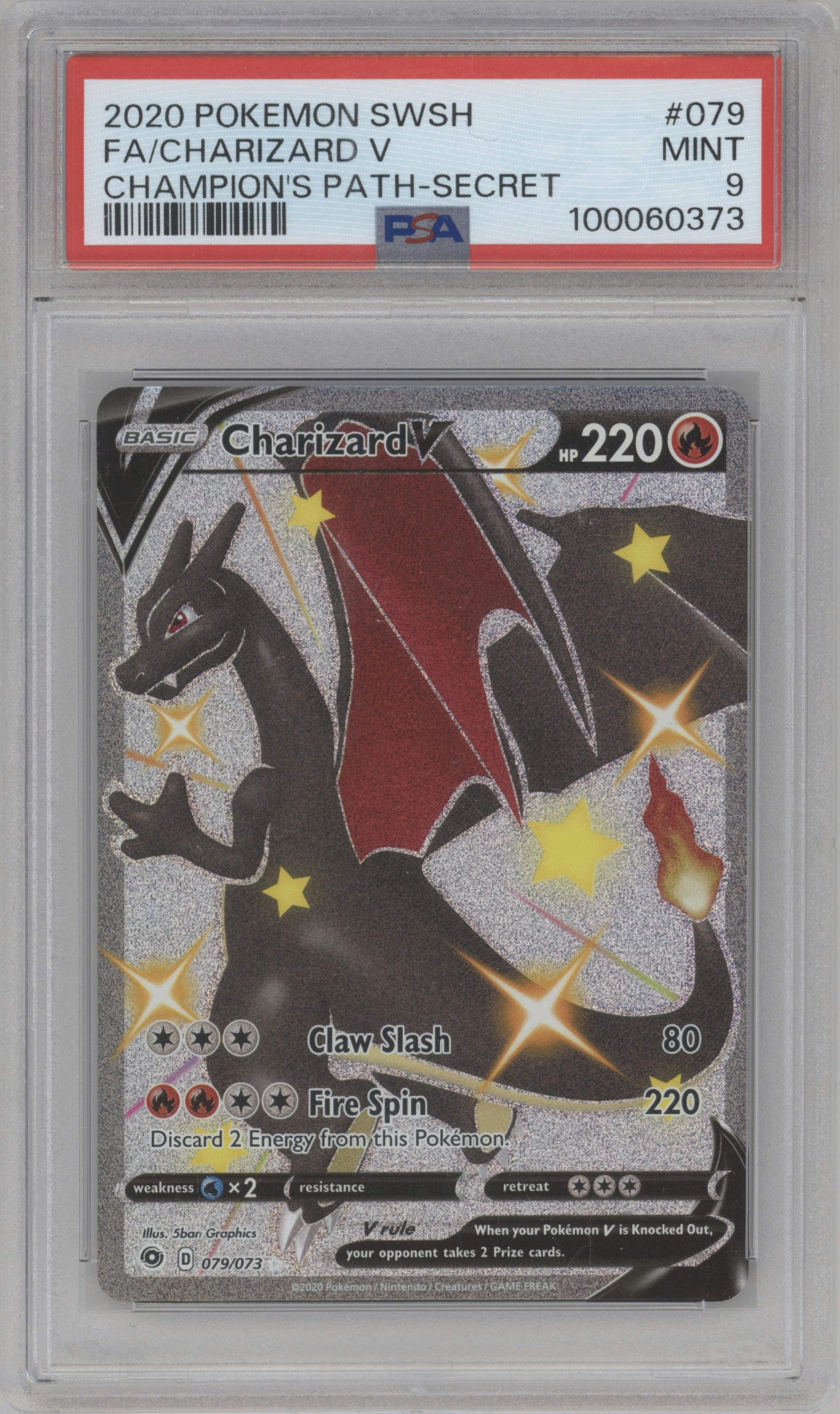 Charizard V from the 2020 Pokemon SWSH set graded by PSA and given an overall grade of 9.