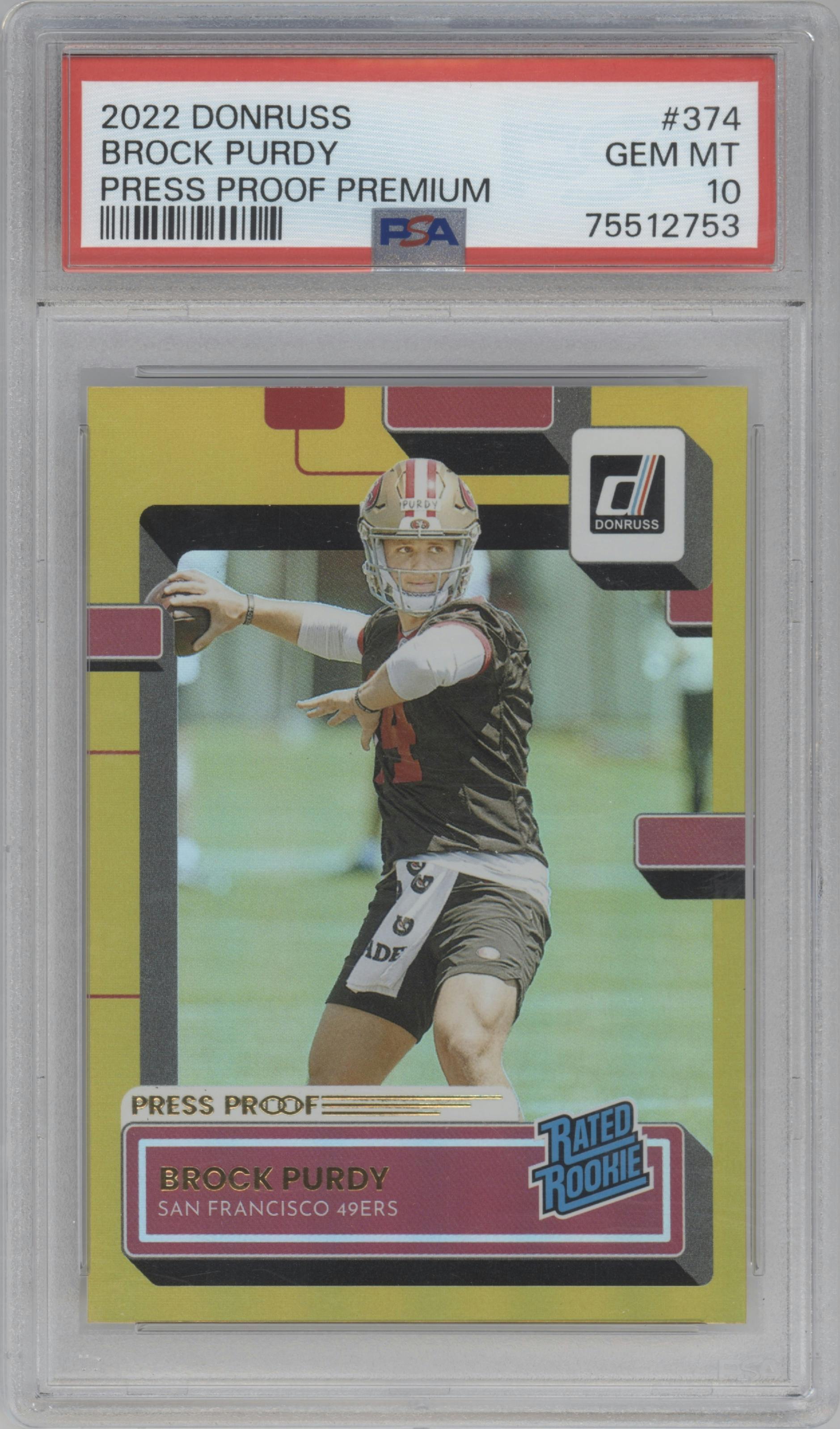 Brock Purdy from the 2022 Panini Donruss set featuring a Press Proof Premium parallel graded by PSA and given an overall grade of 10.