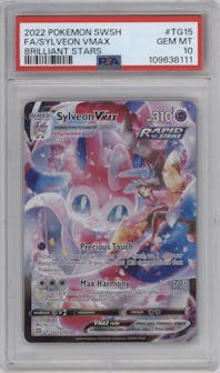 Sylveon VMAX from the 2022 Pokemon SWSH set graded by PSA and given an overall grade of 10.
