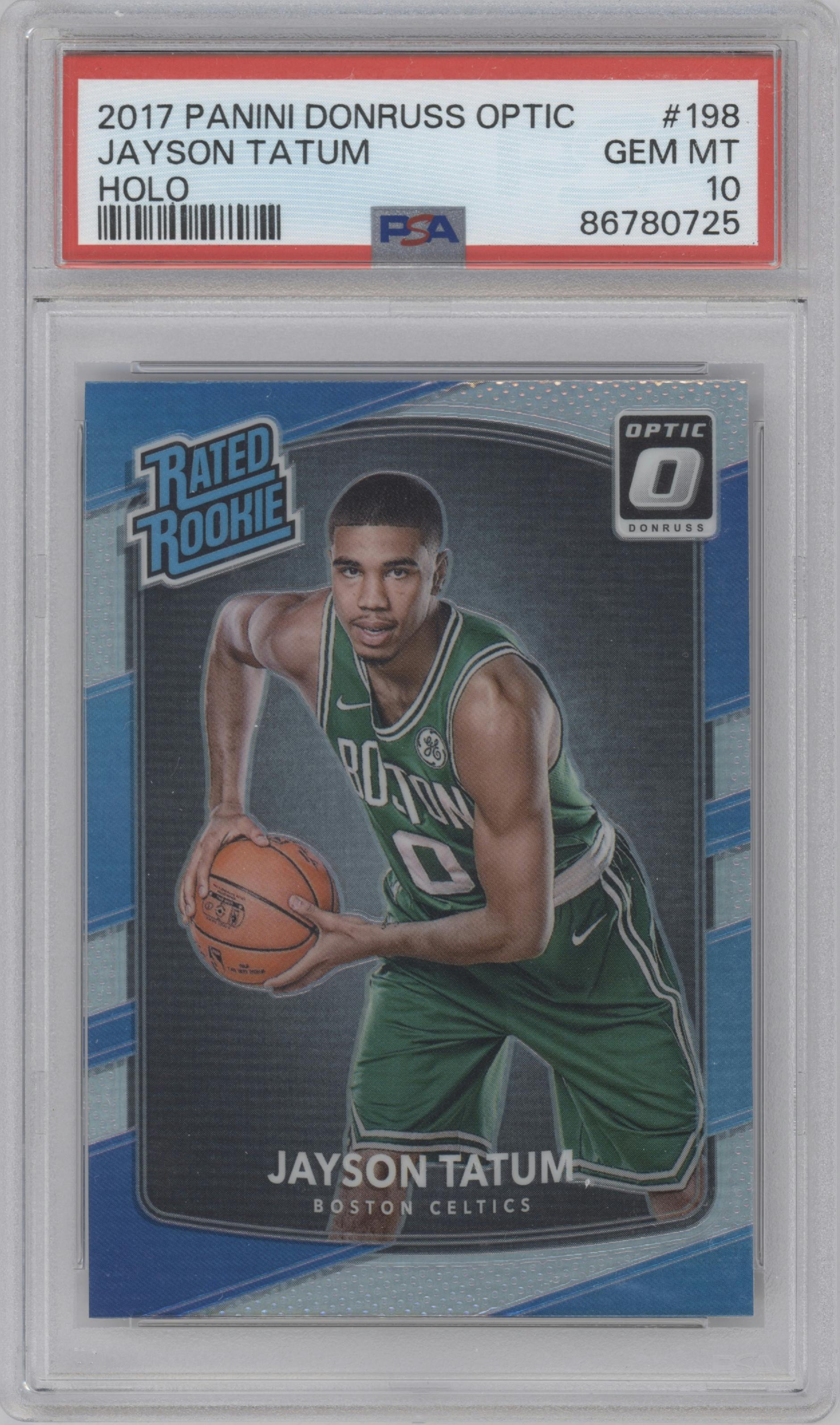 Jayson Tatum from the 2017-18 Panini Donruss Optic set featuring a Holo parallel graded by PSA and given an overall grade of 10.