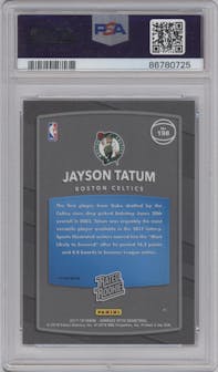 Jayson Tatum from the 2017-18 Panini Donruss Optic set featuring a Holo parallel graded by PSA and given an overall grade of 10.