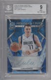 Luka Doncic from the 2018-19 Panini Spectra set featuring a Neon Blue parallel graded by Beckett and given an overall grade of 9.