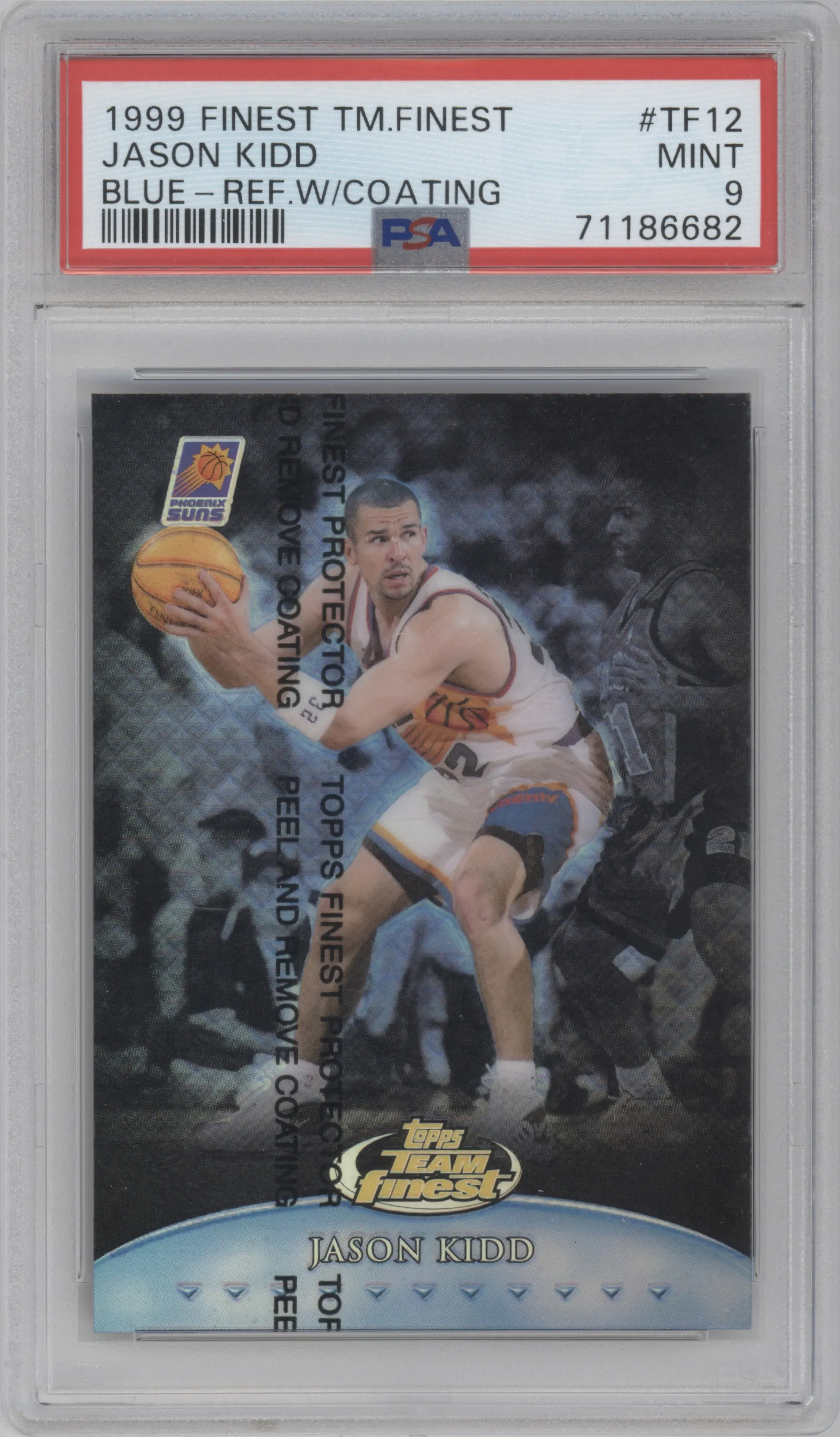 Jason Kidd from the 1999-00 Topps Finest set featuring a Blue Refractor With Coating parallel graded by PSA and given an overall grade of 9.