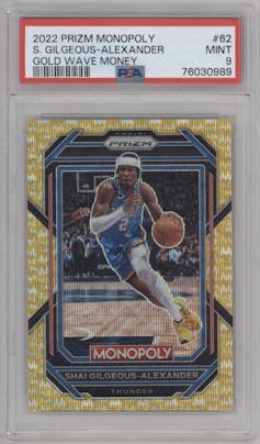 Shai Gilgeous-Alexander from the 2022-23 Panini Prizm Monopoly set featuring a Gold Wave Money parallel graded by PSA and given an overall grade of 9.