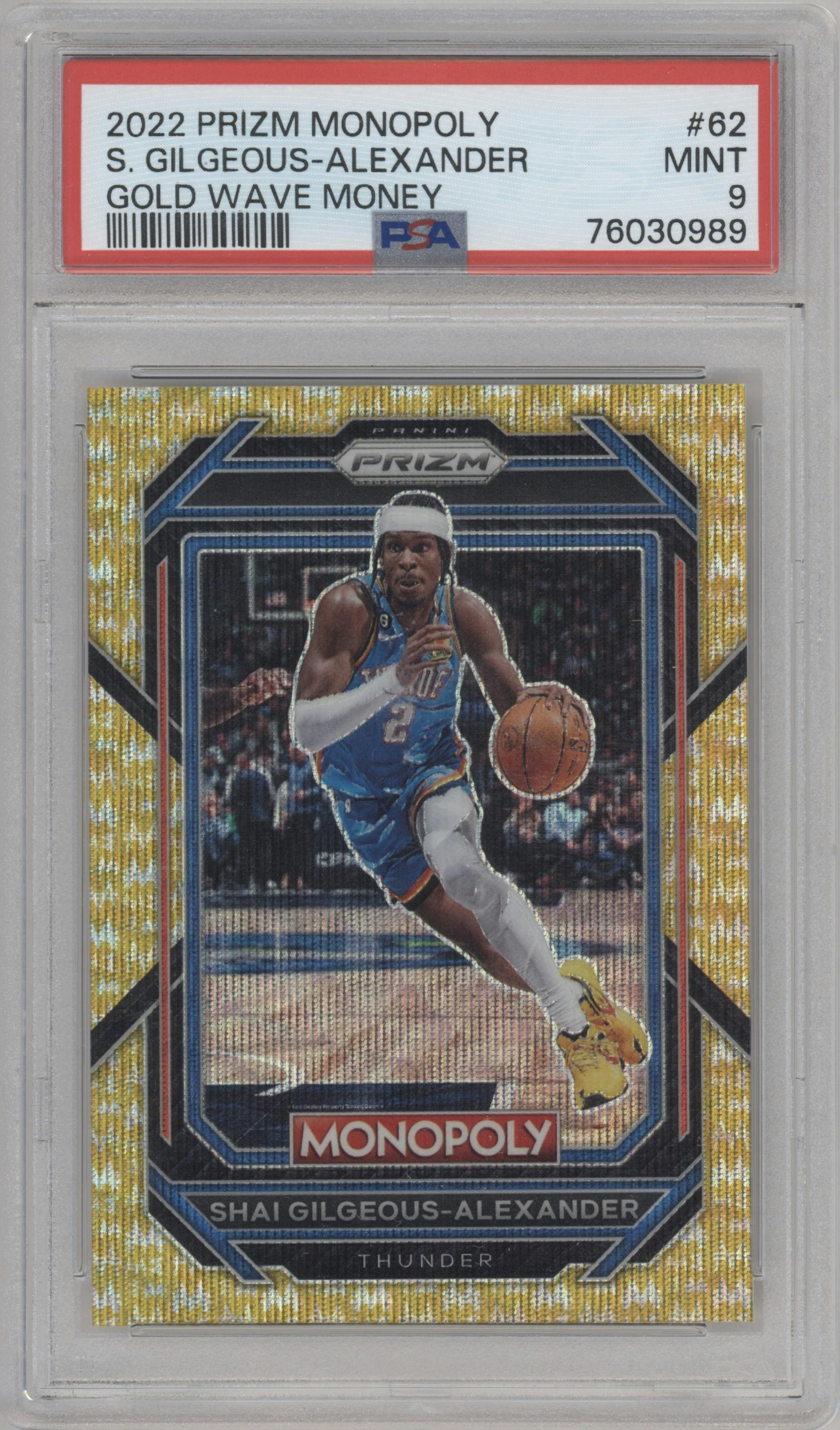 Shai Gilgeous-Alexander from the 2022-23 Panini Prizm Monopoly set featuring a Gold Wave Money parallel graded by PSA and given an overall grade of 9.