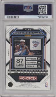 Shai Gilgeous-Alexander from the 2022-23 Panini Prizm Monopoly set featuring a Gold Wave Money parallel graded by PSA and given an overall grade of 9.