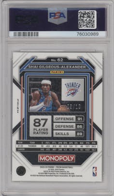 Shai Gilgeous-Alexander from the 2022-23 Panini Prizm Monopoly set featuring a Gold Wave Money parallel graded by PSA and given an overall grade of 9.