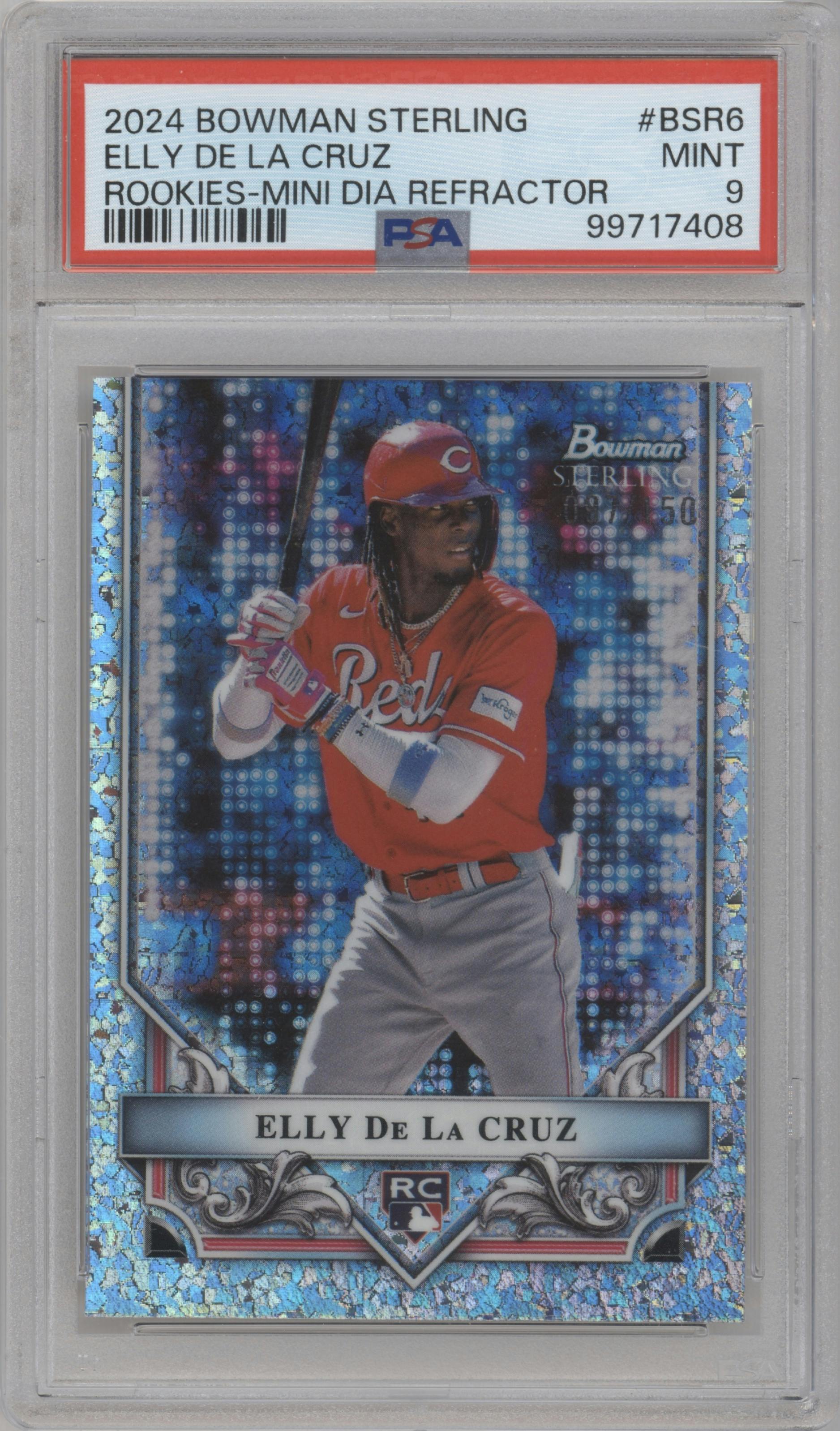 Elly De La Cruz from the 2024 Bowman Sterling set featuring a Mini-Diamond Refractor parallel graded by PSA and given an overall grade of 9.